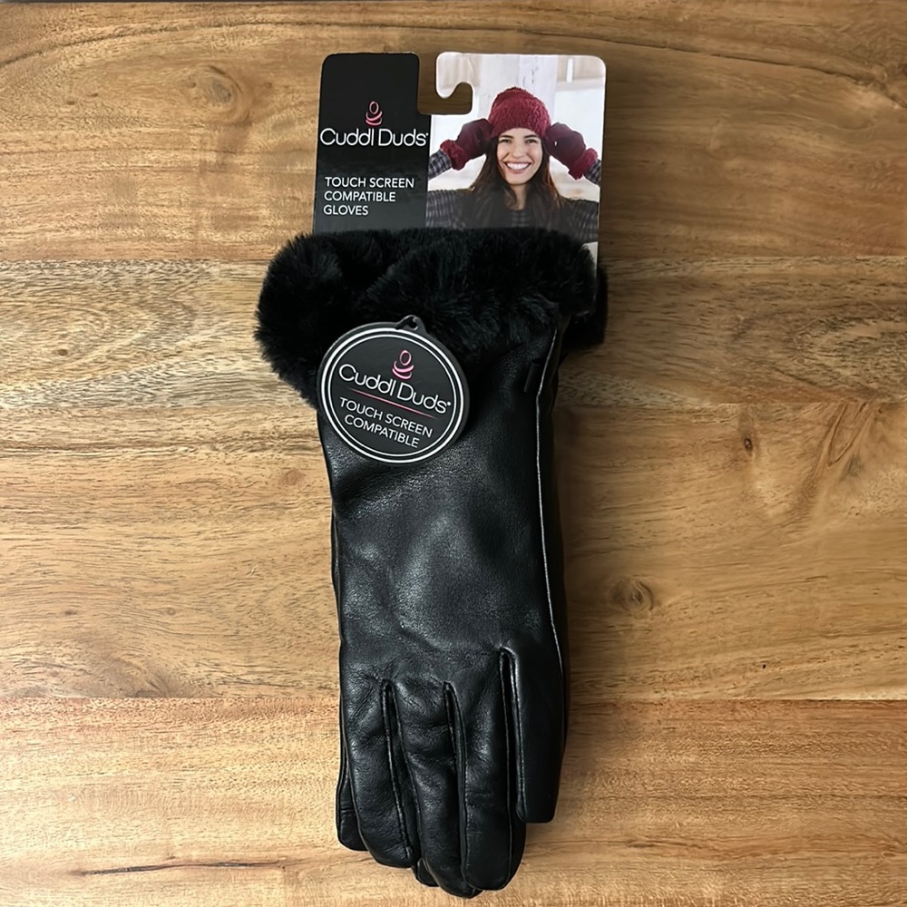 CuddlDuds • Faux-fur cuff leather gloves • Medium